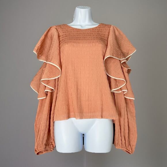 Club Monaco Womens Top M Dusty Peach Ribbone Crinkle Ruffle Cold Shoulder Blouse - Picture 1 of 15